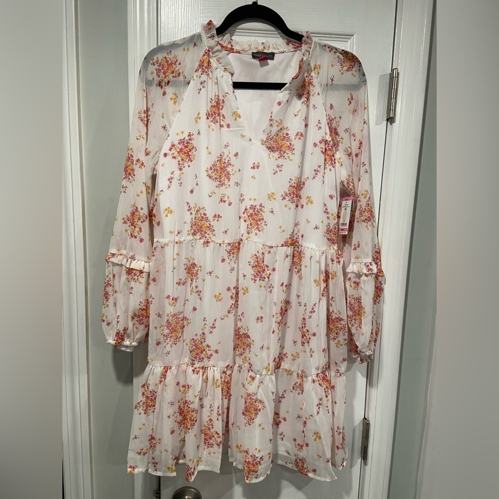 NWT Vince Camuto Size S White Floral Ruffle Flowy Long Sleeve Sheer Mini Dress